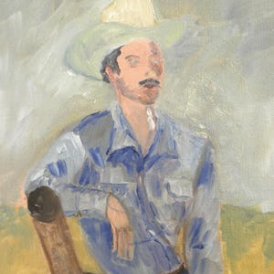 May include: An oil painting on canvas depicting a person wearing a light-colored cowboy hat and a blue button-down shirt. The figure has a mustache and is positioned against a muted gray sky and a yellow field, rendered with visible brushstrokes.