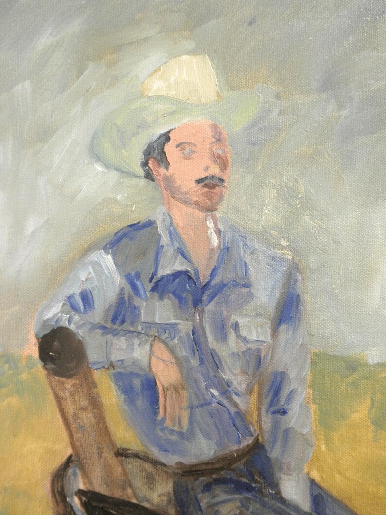 May include: An oil painting on canvas depicting a person wearing a light-colored cowboy hat and a blue button-down shirt. The figure has a mustache and is positioned against a muted gray sky and a yellow field, rendered with visible brushstrokes.