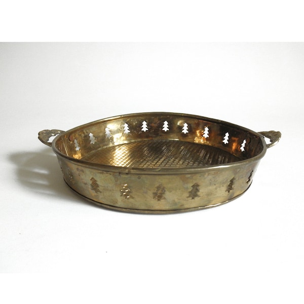 Vintage Brass Round 7" Decorative Tray, Pine Tree Pattern & Floral Handles- Small Decorative Display Tray for Candles, Jars, or Greenery