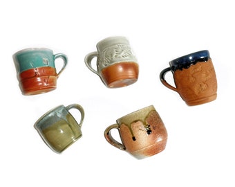 Vintage Handmade Studio Pottery Mugs: Glazed Terra Cotta Coffee Mugs, Set of 5