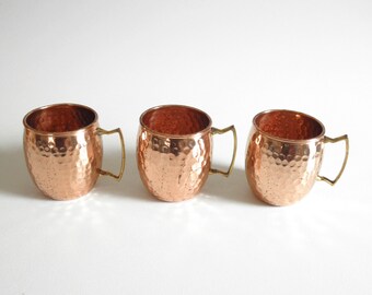 Hammered Copper Mugs- Set of 3- Moscow Mule 16 oz Copper Mugs- Solid Copper Cups, with Brass Toned Handles- Copper Barware