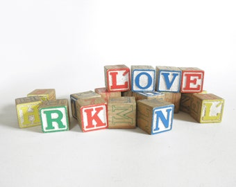 Vintage Children's Wood Toy Blocks- Lot of 18 Colorful Wooden Building Blocks ABCs 123s Retro Toy Blocks Set- Collection Display Set