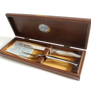 Mid Century Carvel Hall Cutlery Set in Walnut Wood Case- Stainless Steel Knife & Fork Carving Set