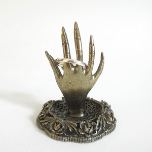 Vintage Brass Hand Ring Holder, Ornate Rose Lace Base- 3&quot; Tall, Victorian Vanity Dresser Jewelry Ring Holder, Decorative Jewelry Display