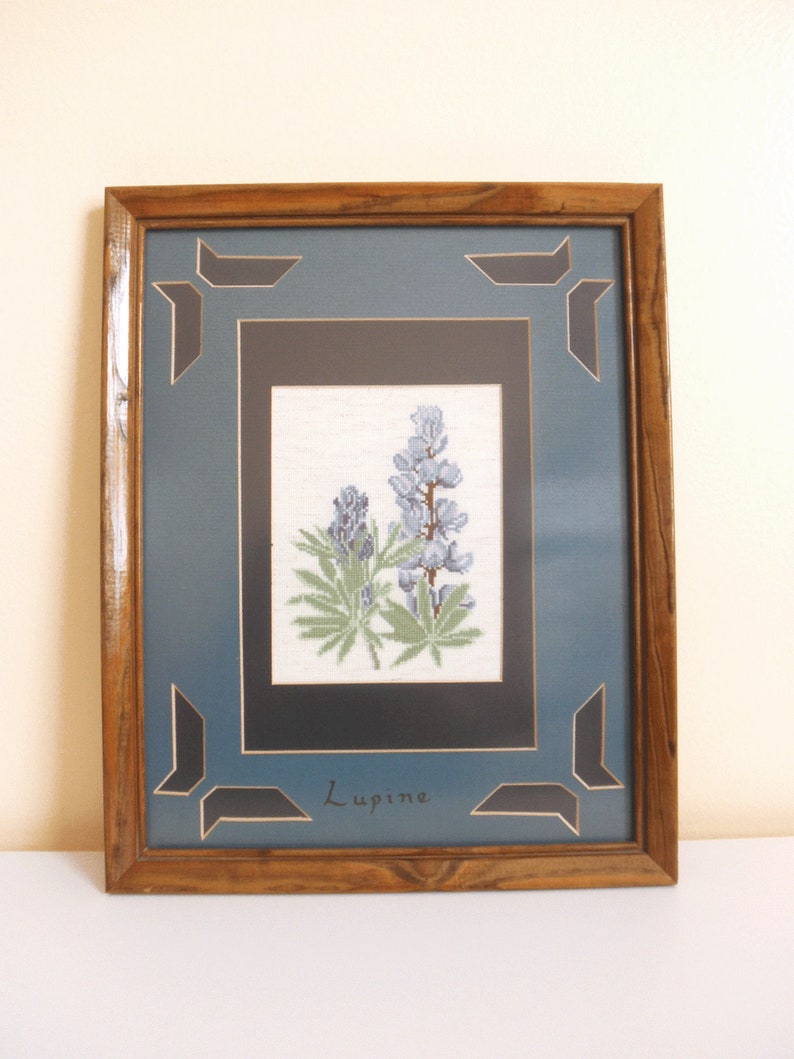 Blue Lupine Wildflower in Wood Frame Vintage Lupine Cross Stitch Framed Art Handmade Embroidery Botanical Cross Stitch Fiber Art