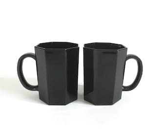 Vintage Arcoroc Octime Black Glass Mugs - Set of 2 - Made in France