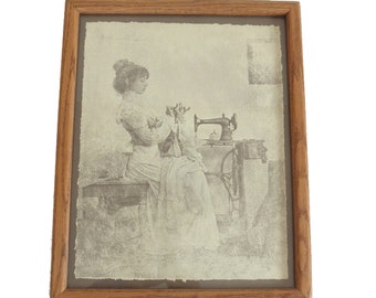 Vintage R. Hendrickson Sepia Print: Victorian Lady at Sewing Machine in Rustic Oak Frame