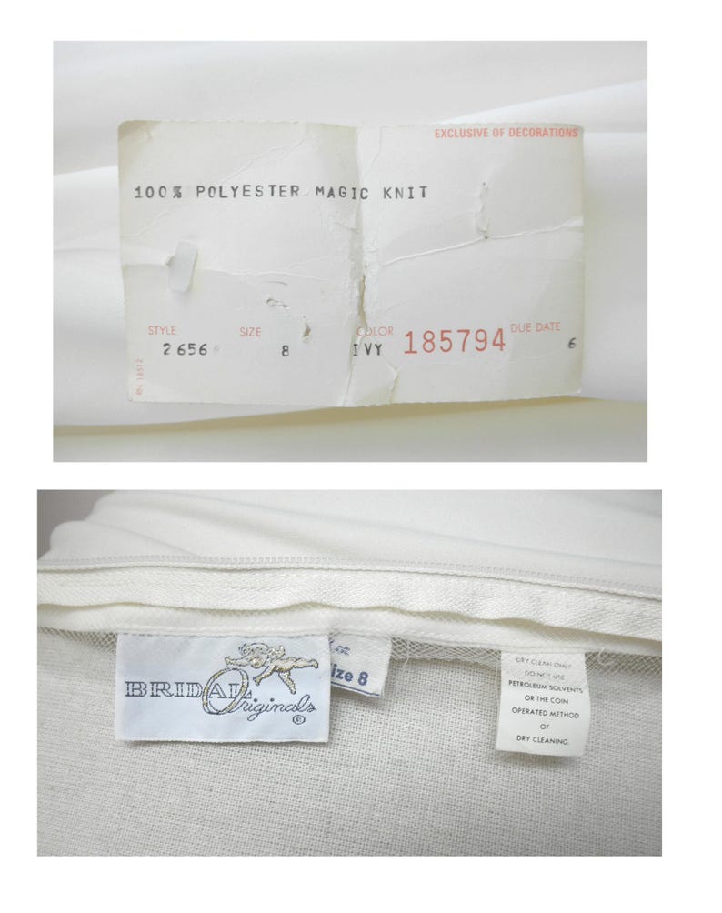 Może przedstawiać: Biała odzież z dwiema wewnętrznymi metkami. Jedna metka zawiera napis 100% POLYESTER MAGIC KNIT, styl 2656, rozmiar 8, kolor IVY oraz 185794. Druga metka zawiera tekst BRIDAL Originals, rozmiar 8 oraz instrukcje dotyczące czyszczenia chemicznego.