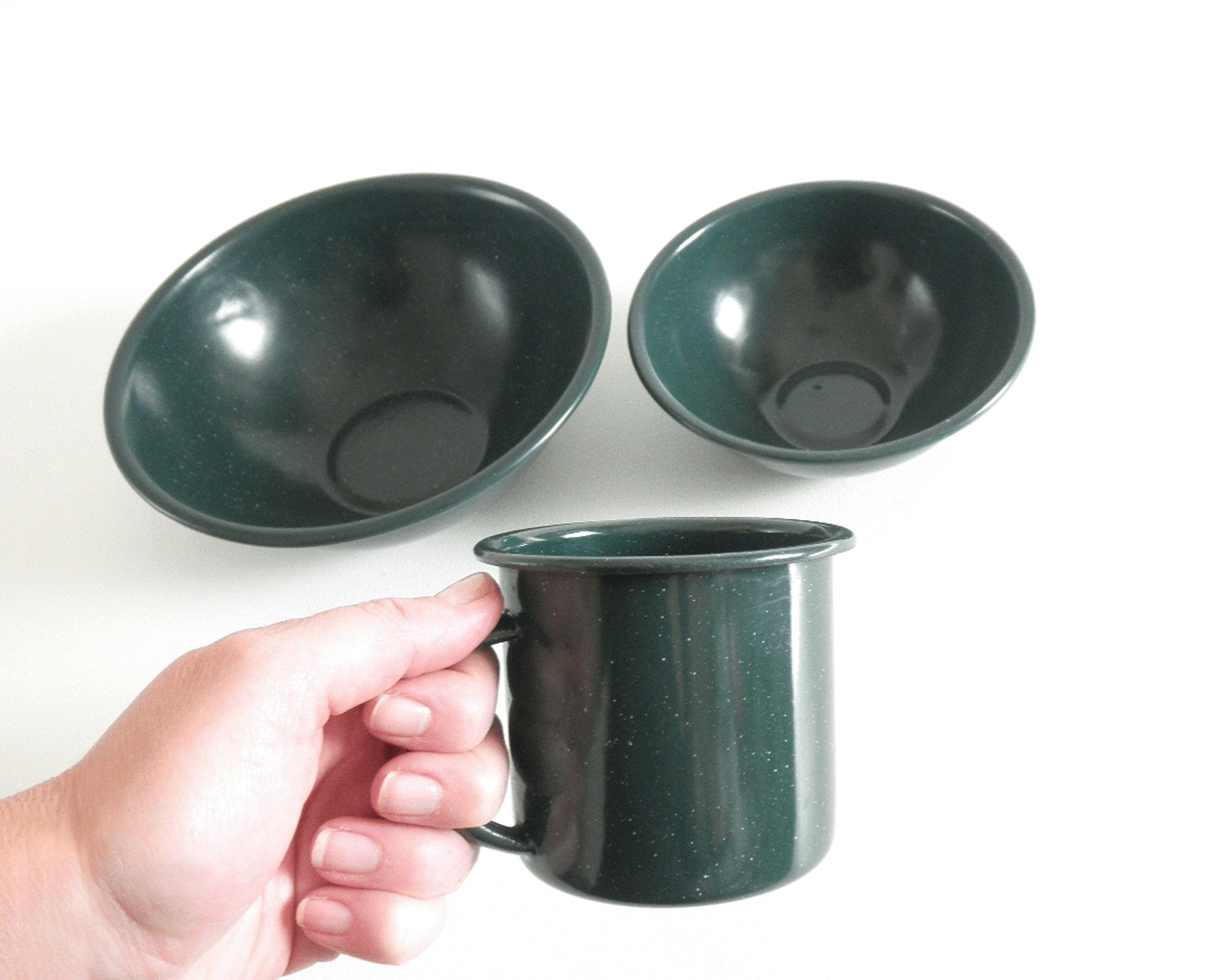 Set De Camping Vintage En Émail Granite Ware - 12 Pièces, Vert Moucheté - Assiettes, Bols, Tasses