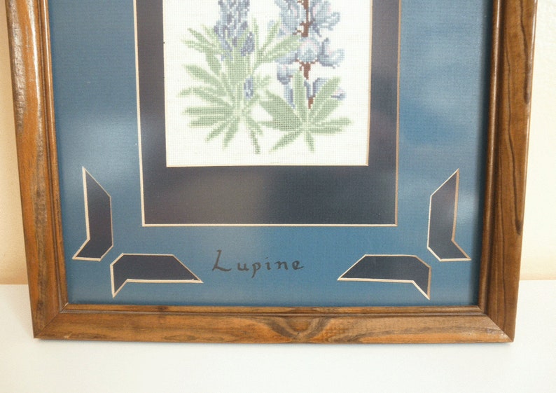 Blue Lupine Wildflower in Wood Frame Vintage Lupine Cross Stitch Framed Art Handmade Embroidery Botanical Cross Stitch Fiber Art