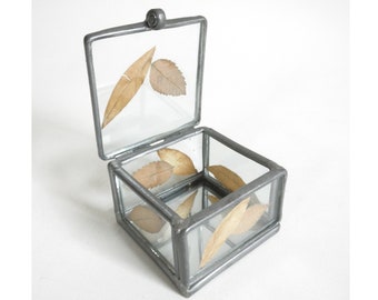 Vintage Dried Leaf Leaded Glass Jewelry Box, Display Case Mirror Glass Bottom, Terrarium Soldered Pewter Metal Vanity Pressed Botnicals