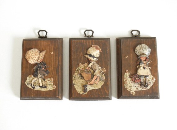 Vintage 70s Holly Hobbie 3D Paper Art on Wood Plaques - Set of 3