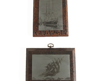 Vintage Clipper Ship Etched Art: Nautical Wormwood Wall Decor (Pair)