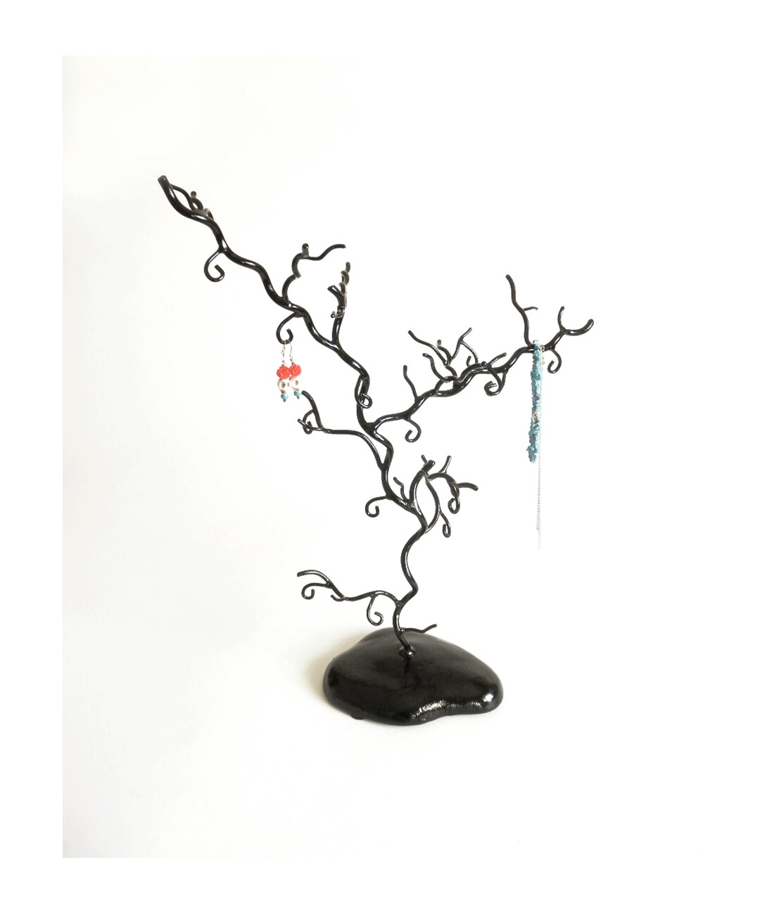 Vintage Large Jewelry Tree Glossy Cast Black Metal, Curly Branch