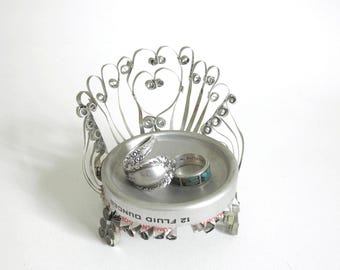 Vintage Folk Art Aluminum Chair, Primitive Tin Can Ring Dish, Rustic Trinket Holder
