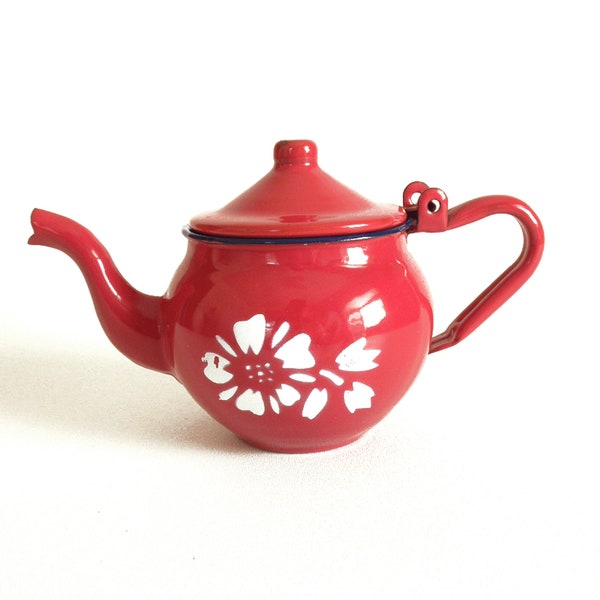 Vintage Enameled Red Tea Pot- Small Red, White, Blue Trim Enameled Metal Tea Pot with Lid- Country Cottage Farmhouse Decor