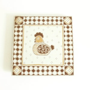 Vintage Italian Chicken Tile Trivet- Square Hot Pot Table Trivet/Kitchen Wall Decor- Folk Art Hen Chicken Glazed Tile - Made in Italy