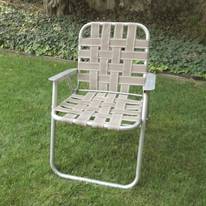 Vintage Aluminum Folding Lawn Chair- Brown Nylon Webbed Weaving- Camp, Picnic, Patio, Folding Portable Lawn Chair