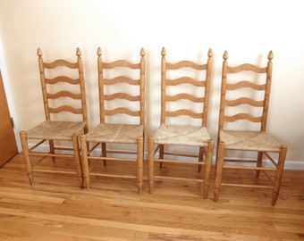 Antique Wooden Ladder-Back Chairs with Rush Woven Seats, Set of 4 Dining Chairs
