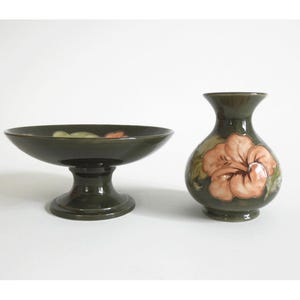 Vintage Moorcroft Pottery Hibiscus Flower Footed Bowl and Vase, Green & Pink Hand Painted, created by William Moorcroft, from England.