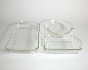 Vintage FIRE-KING Clear Glass Baking Dishes- 2 Qt. Baking Dish, 1 Qt. Loaf Dish, 8-inch Pie Dish