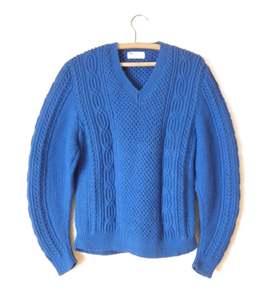 Vintage Hand Crochet Cable Knit Sweater: Chunky Azure Blue V-neck