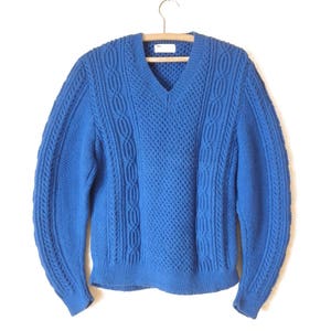 Vintage Hand Crochet Cable Knit Sweater- Chunky Knit V-Neck Azure/Royal Blue Sweater- Mens Small/Womens Large- Beautiful Handmade Sweater
