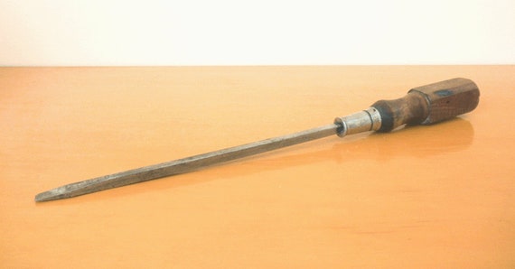 Antique Long Shaft Flathead Screwdriver with Square Wooden Handle Collectable Primative Tools