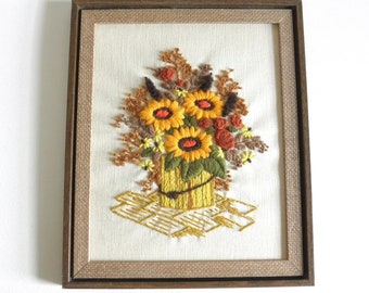 Vintage Flower Bucket Crewel Embroidery Picture- 11.5" x 9.5" Handmade Stitched Wildflower, Yellow Sunflower Fiber Art, Crewel Picture