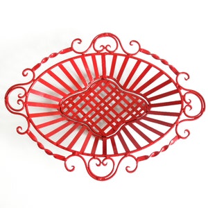 Vintage Heavy Iron Red Scrolled Metal Basket- Bright Red Ornate Wrought Iron Fruit/Bread Basket, Cottage Garden Decor, Shabby Chic Decor