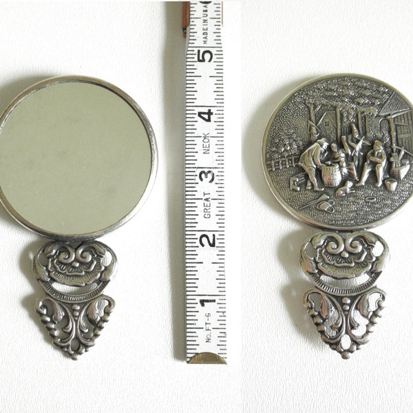 Vintage Hans Jensen Denmark Handheld Pocket Mirror- Repousse Ornate Mini Silverplate Hand Mirror with Villagers Playing Music