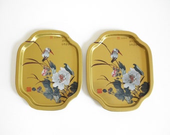 Vintage Asian Tin Metal Trays- Bird & Magnolia Gold Tin Small Metal Serving Trays/ Vanity Tray/ Chinese Decorative Trays- Price is Per Tray