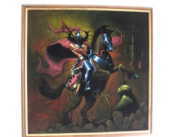 RARE 1970s Vintage Ken Kelly Black Velvet Painting: Black Warrior Fantasy Art (32.5")