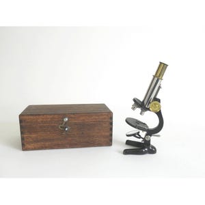 Antique Student Microscope in Box, in Wonderful Condition, 7&quot; Cast Metal & Brass Student Microscope with Slides and Dovetail Wooden Box