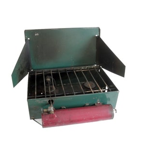 Vintage Green Metal Camp Stove- Prentiss Wabers/AGM kampkook, 2 Burner Camping Stove, Well Used, Untested