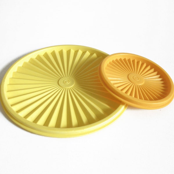 Vintage Tupperware Servalier Round Replacement Lids- 8.25" Yellow (1205) / 5" Orange (812) Starburst Seal Tupperware Servalier Canister Lids