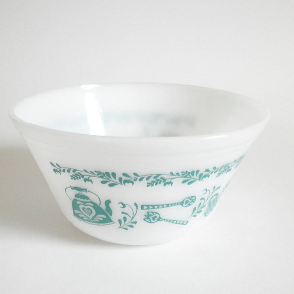 Vintage Federal Glass Mixing Bowl- 7" White Milk Glass, Turquoise Blue Utensil Pattern Bowl- Country Homestead Serving & Mixing Bowl