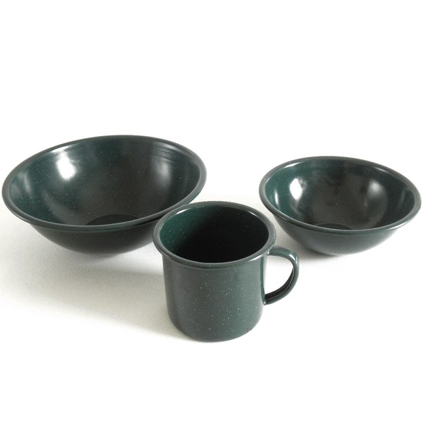 Vintage Forest Green Enamelware Coleman Camping Dishes, 3 Pc Set- (1) Coffee Mug, (1) Lg Bowl & (1) Sm Bowl- Rustic Lodge Cabin Dining Decor