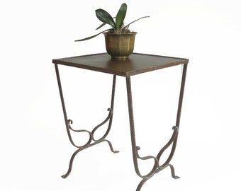 Antique Distressed Cast Iron End Table- Small Square Iron Plant Stand Table- Chippy Brown Paint- Shabby Chic, Country Farmhouse