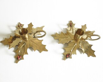 Vintage Brass & Red Coral Inlay Flower Shaped Poinsettia Candlestick Holders- Set of 2 Chamber Style Taper Candle Holders- Solid Brass Decor