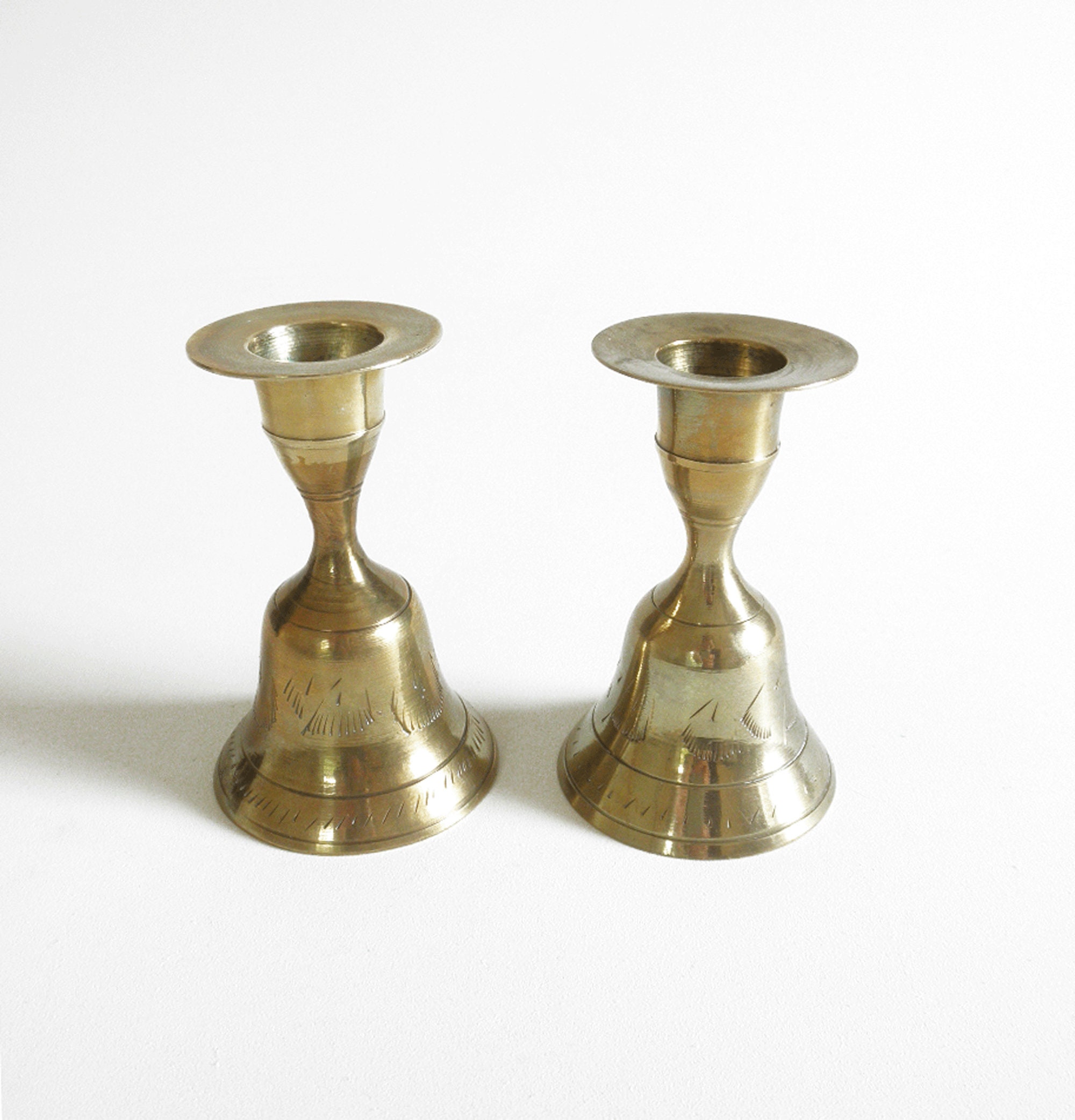 Vintage Brass Bell Candle Holders- Set of 2 Etched Brass Bells Taper  Candlestick Holders Made in India- Meditation Alter/Bohemian Home Decor