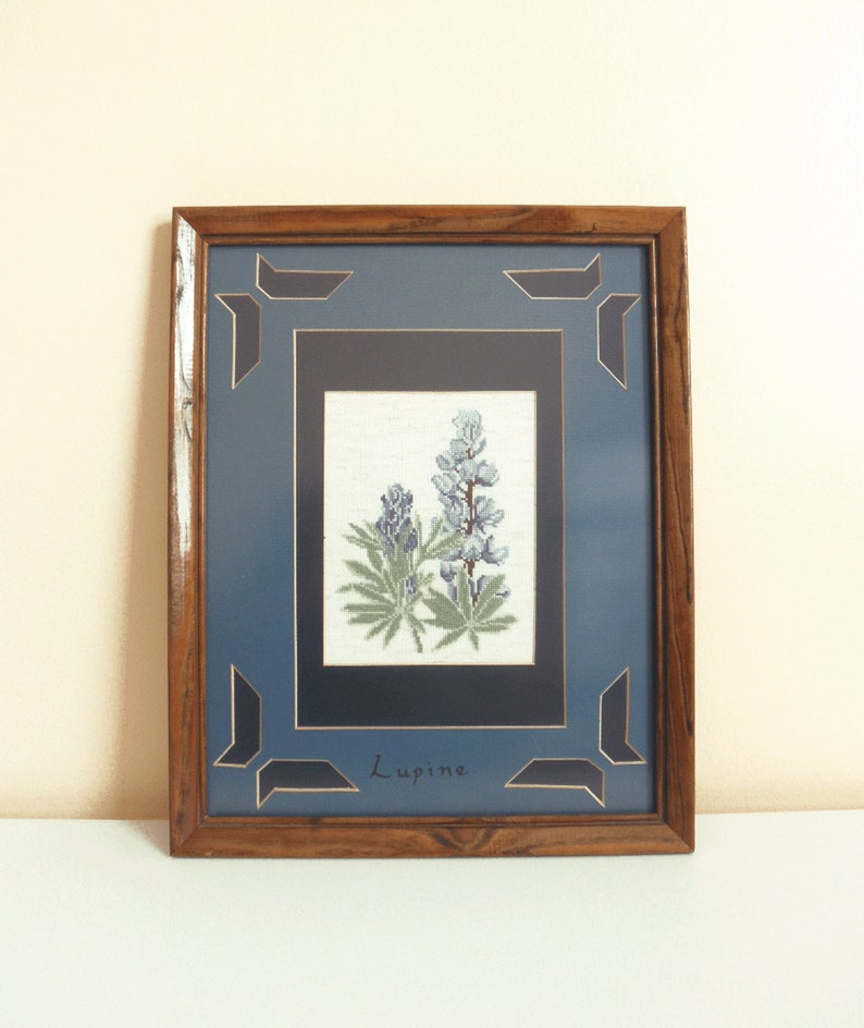 Blue Lupine Wildflower in Wood Frame Vintage Lupine Cross Stitch Framed Art Handmade Embroidery Botanical Cross Stitch Fiber Art