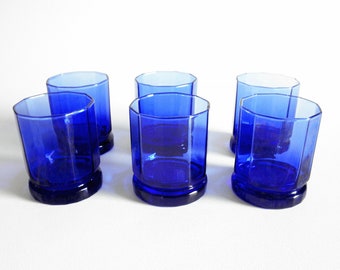 Vintage Cobalt Blue Cocktail Glasses - Set of 6- Anchor Hocking "Essex" Pattern- 8oz. Lowball Tumbler Barware Drinking Glasses