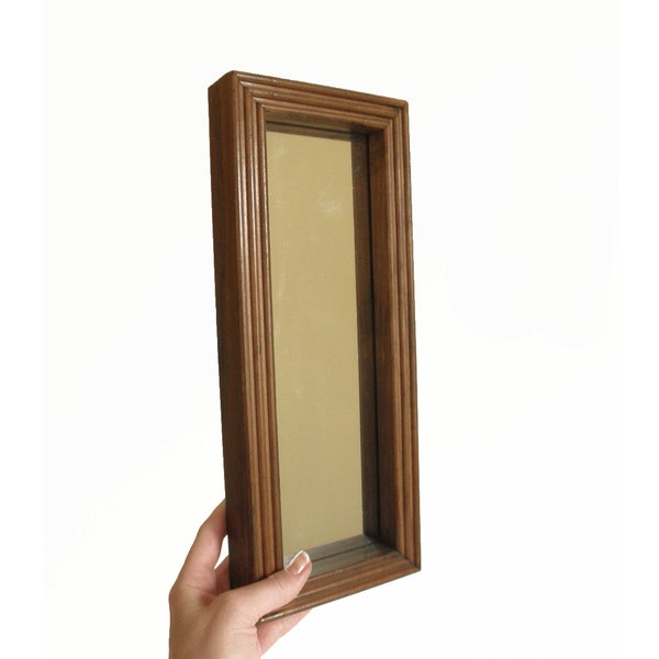 Vintage MCM Wall Mirror- Narrow 13" Long, Vertical or Horizontal Small Accent Wall Mirror- Mid Century Modern Dark Wood Frame