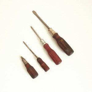 Antique Long Shaft Flathead Screwdriver with Square Wooden Handle Collectable Primative Tools