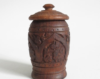Vintage 70s Carved Sheesham Wood Jar with Lid - Handmade Indian Decor