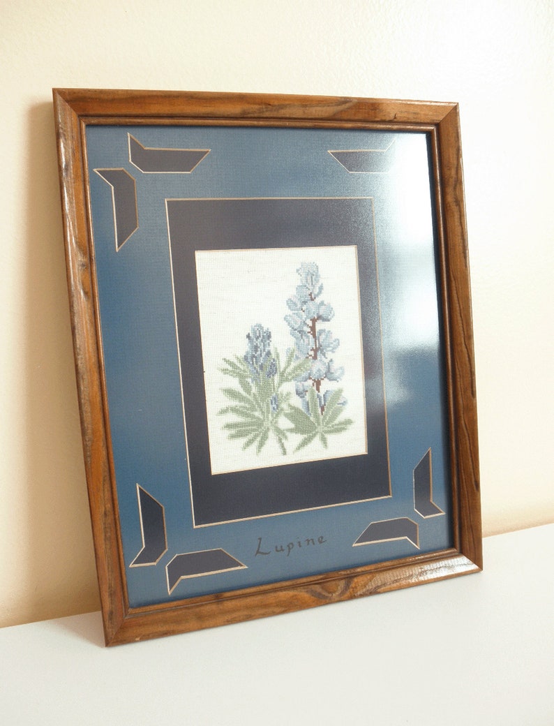 Blue Lupine Wildflower in Wood Frame Vintage Lupine Cross Stitch Framed Art Handmade Embroidery Botanical Cross Stitch Fiber Art