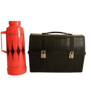 Vintage 60&#39;s/70&#39;s Lunch Box- Black & Red Plastic Diamond Pattern Thermos and Black Lunch Box Set