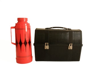 Vintage Aladdin Lunch Box Set: Black Plastic, Red Diamond Thermos