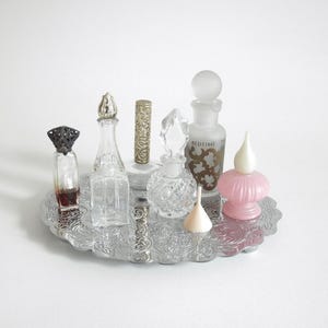 Rare Antique Perfume Bottle Collection & Silverplate Tray- Collection of 7 Antique Bottles and Small Funnel, Glass Stoppers, Crystal Cut